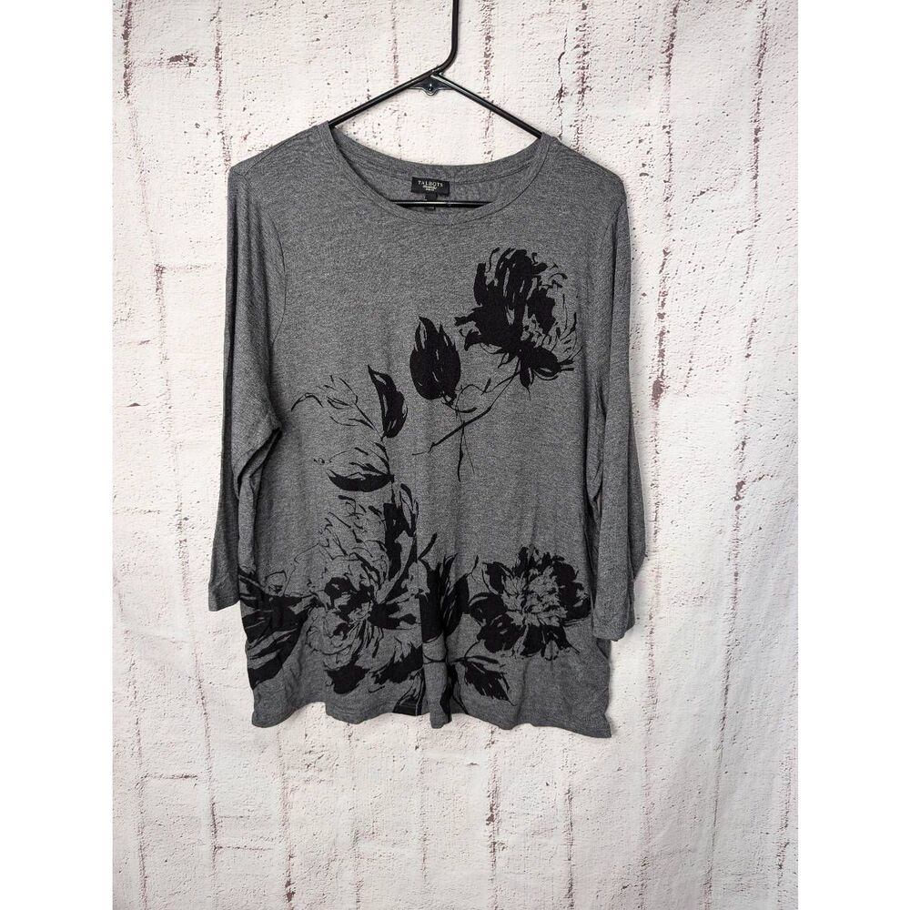 Talbots Woman 2X Top Shirt Grey Black Floral print Cotton Blend 3/4 Sleeve